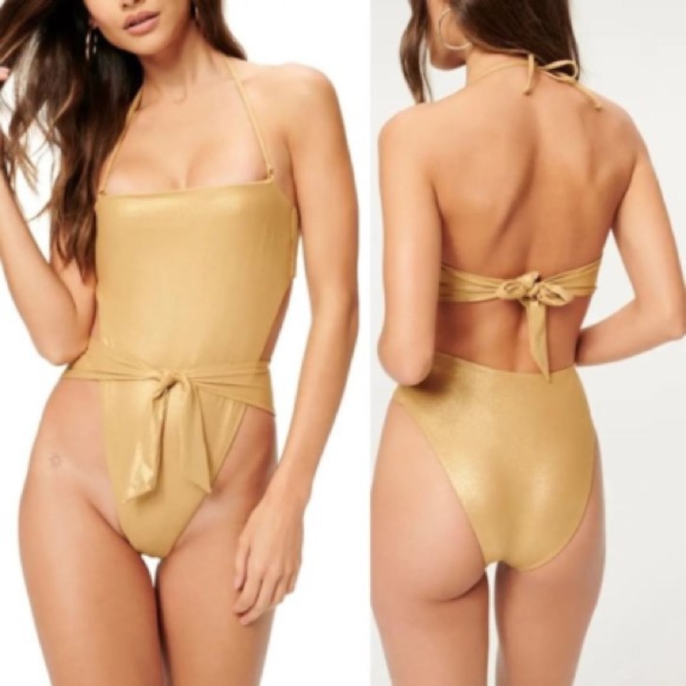 Good American Tie Front Gold One Piece Swimsuit